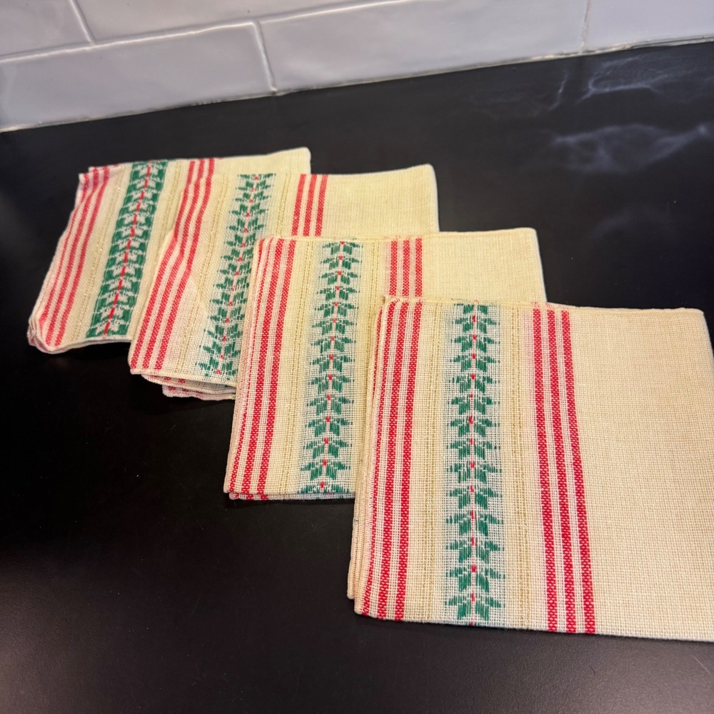 Vintage Christmas Cloth Napkins Set of 4 Cream Red Green Holly Stripe 16x16